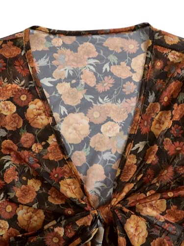 Verdusa Women's 70s Floral Print Tie Front Mesh Cover Up Long Bell Sleeve V Neck Crop Boho Blouse4