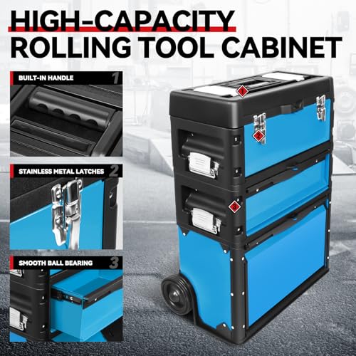 Image of Auto Dynasty 3-Tier Stackable Tool Box, 19.5 Inch 3-in-1 Rolling Tool Box with Wheels, Portable Steel and Plastic Rolling Upright Trolley Toolbox Organizer for Garage Workshop, 3-Piece Set, Blue