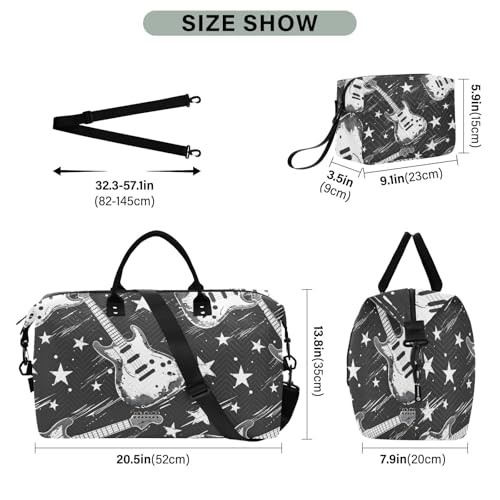 Guitar Rock N Roll Travel Duffle Bag,Large Weekender Travel Bag for Women Men Waterproof Luggage Bag with Trolley Sleeve,Airplane Travel Essentials for Flying3