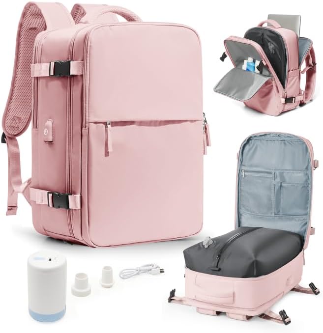 Airplane Cabin Travel Vacuum Backpack with Pump – Compression Bag with Airbag, USB Port, Waterproof Hand Luggage – Pale Pink