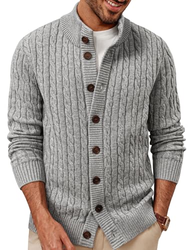 PJ PAUL JONES Cardigan Sweaters for Men Button Up Sweater Cable Knitted Warm Winter Sweater Light Grey