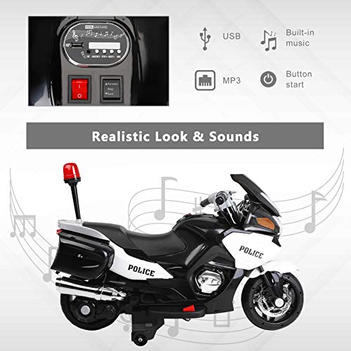 BAHOM Kids 12V 7A Police Ride On Motorcycle with Training Wheels, Electric Toy for Boys Girls, Headlights, Siren Sound, Music, 3~8 Year Old (Black)