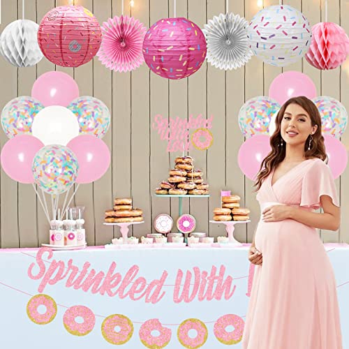 Donut Baby Shower Decorations For Girl, Baby Sprinkle Decorations Sprinkled With Love Banner, Pink Lantern Donut Balloons Honeycomb Balls Kids Birthday Party Backdrop #TOP3
