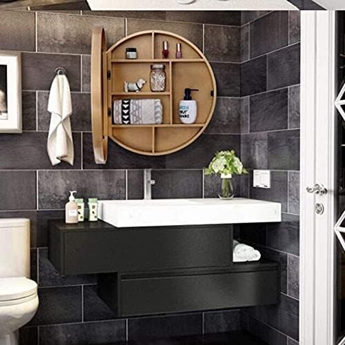Modern Large Round Solid Wood Bathroom Vanity Mirror with Sliding Wall Mount Storage - Stylish Functional Furniture for Elegant Home Decor,70cm-Brass Gold