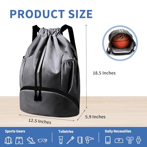 Image of JELUTAR Drawstring Backpack Gym Bag with Shoes Pocket, Dark Grey