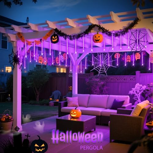 JMEXSUS Solar Christmas Lights Outdoor, 8 Tube 144 LEDs Solar Meteor Shower Lights, Purple Christmas Light for Tree Fence Eaves Patio Yard Holiday Party Decor
