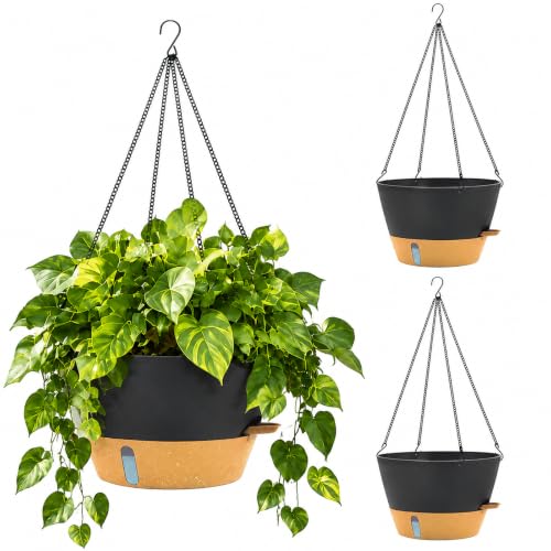 ZMTECH 12 Inch Hanging Planters for Indoor, Self Watering Large Hanging Plant Pot for Outdoor (1, 3Pcs Dark Gray)