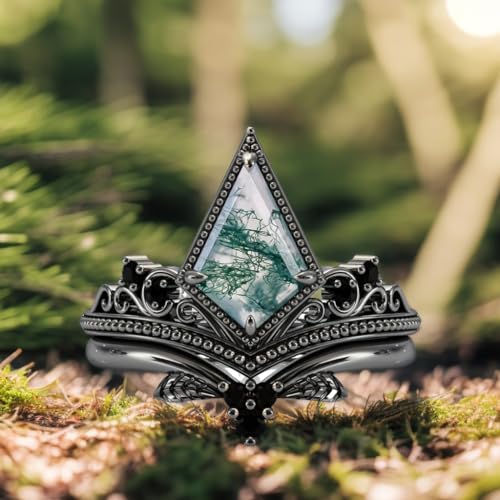 Natural Moss Agate Engagement Black Ring Set for Women 925 Sterling Silver Genuine Green Moss Agate Bridal Rings Set for Her with Engraving Moss Agate Promise Wedding Ring Set Size 4-153