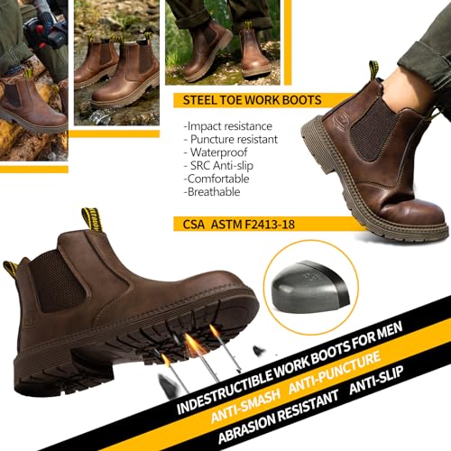 KELODON Waterproof Steel Toe Boots For Men-6 Inch Leather Slip On Safety Work Boots Mens Steel Toe Shoes Indestructible Non Slip Resistant Ankle Industrial Construction Boot4