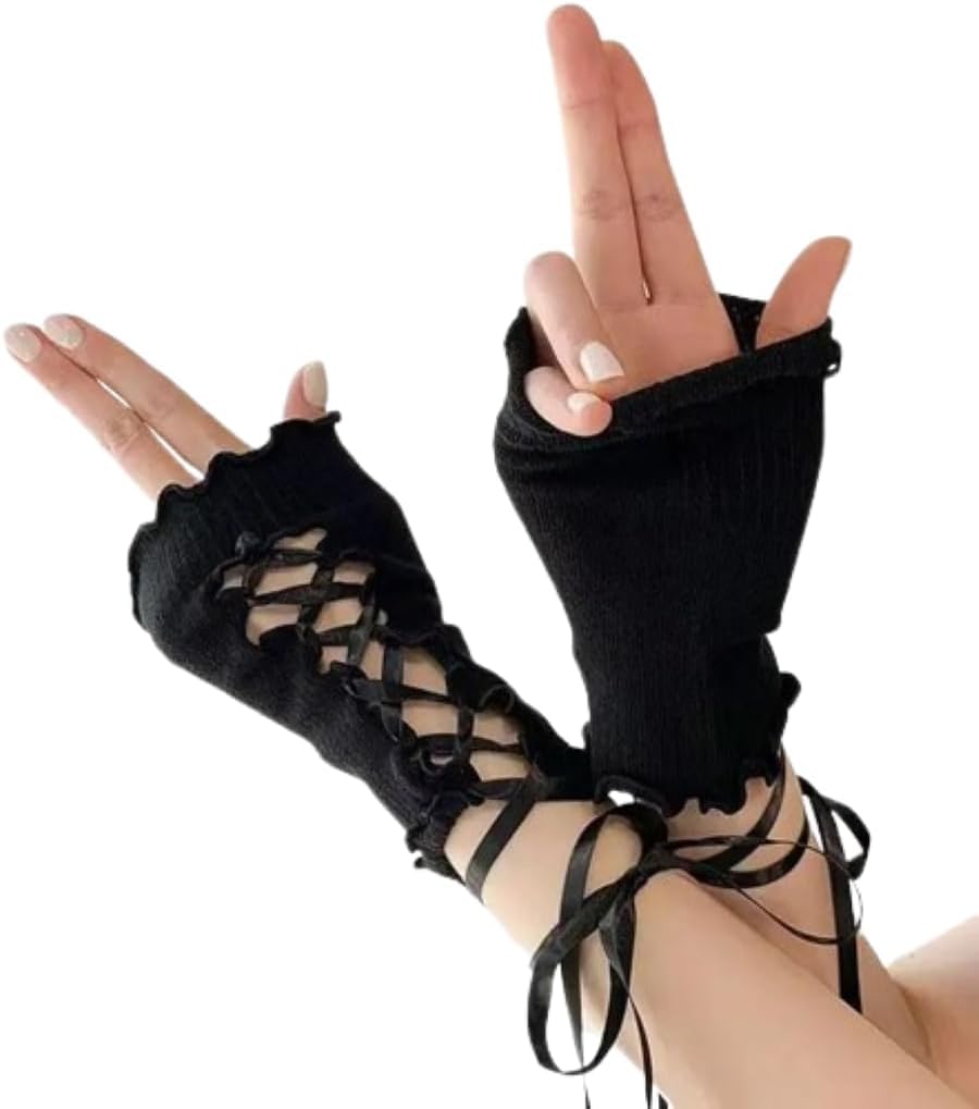 YongXinMY Lace Up Gothic Gloves - Y2k Lolita Bandage Half Finger Glove for Women Teens Long Arm Sleeves Emo Punk Rock Goth Mittens Japaness Harajuku Accessories for Dress Up (Black)