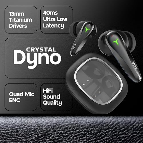 Image of truke Crystal Dyno Leather Finish True Wireless in Ear Earbuds w /Spatial Audio, 70H Battery Fast Charge Ear Buds, 13mm Driver HiFi Sound TWS, 40ms Ultra Low Latency, 4Mics ENC- RavenBlack