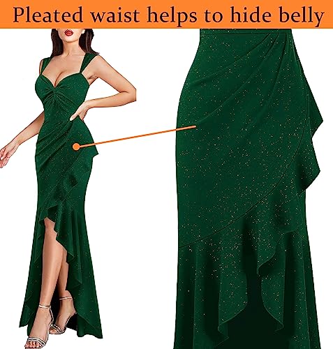 Image of VFSHOW Womens Glitter Sweetheart V Neck Twist Front Backless Ruched Ruffle Slit Formal Evening Gown Maxi Dress