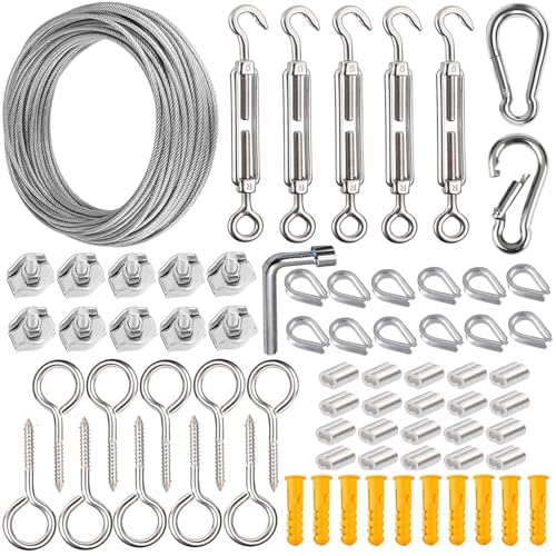 30M Garden Wire For Climbing Plants Training Wire Rope Kits, AMLOOPH Stainless Steel Metal Cable Garden Wire Heavy Duty 2mm Catenary Wire Trellis Fence Wire Kit With Turnbuckle Tension Wire Tensioner