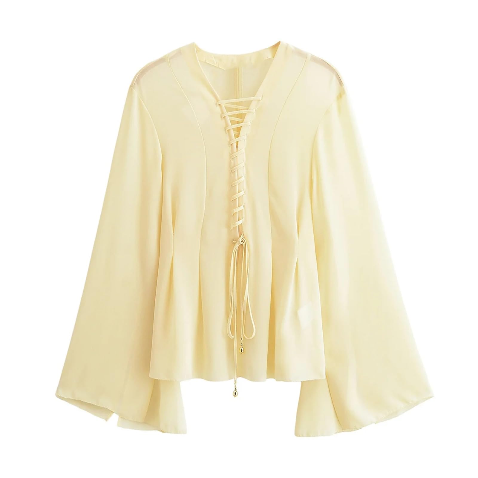 Camisa de manga larga para mujer, con cordones, de gasa, holgada, informal, a la moda