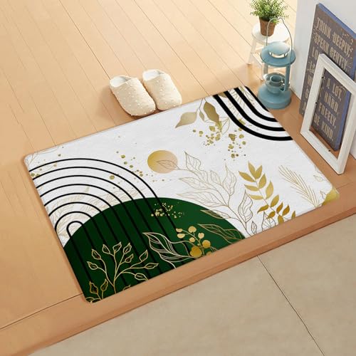 Boho Gold Leaves Kitchen Bath Door Mat Cushioned Runner Rug,Washable Welcome Floor Sink Antifatigue Mat,Waterproof & Non-Slip Comfort Standing Doormat,Luxurious Black White Geometric Stripes 18