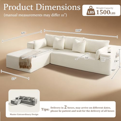 Image of 108 inch Cloud Sectional Couch, Comfort L Shaped Boneless Couch for Living Room, Extra Deep Seats No Assembly, Minimalist Modular Sofa, Corduroy (Cream, 2 Seater+Left Facing Chaise)