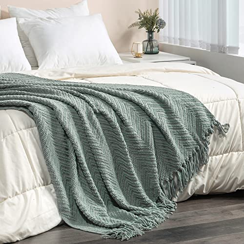 Recyco Chenille Knit Throw Blanket For Couch, Versatile Decorative Woven Knit Chenille Blanket For Bed, Super Soft Warm & Cozy Knitted Throw Blanket With Tassels For Sofa, Chair. Sage Green, 50"X60" #TOP5