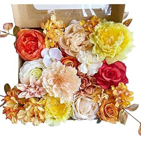 ZooeyRoose Fake Roses Bouquet of Flowers Combo,Orange Silk Peonies Hydrangea Artificial Plants & Flowers, Boho Flowers for DIY Cake Bride Wedding Bouquets Wall Baby Shower Centerpiece Table Vase Cover