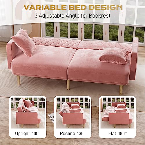 Nolohoo B0CFHNN8J2 Futon Sofa Bed, Small Couch Mid Century Modern Loveseat With 2 Pillows, 75 Inch W Convertible Futon Sleeper Couch For Living Room Compact Space Apartment, Rose Pink thumb #2