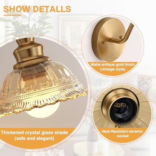 Image of Redluck Battery Operated Wall Sconce with Remote Control, Vintage Amber Glass Wireless Wall sconces Set of Two, Rechargeable Battery Powered Wall Lamp for Bedside Bedroom Living Room Hallway Decor