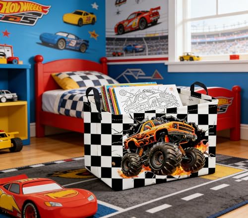 Image of Sanjiaofeng Rectangular Monster Truck Basket for Kids,Baby Storage Bins with Handles for Car Decor,Racing Storage Bin,Cute Toy Storage Organizer for Boys and Girls,Car Room Decor(Racing flag)