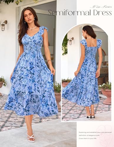 Image of GRACE KARIN Women's Summer Floral Maxi Dress 2026 Ruffle Sleeve Smocked Sundress Flowy Wedding Guest Long Dresses with Pocket