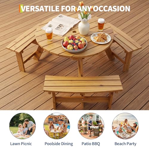 Garvee 6 Person Wooden Picnic Table, Outdoor Picnic Tables with 3 Built-in Benches, Circular Camping Dining Table and Chairs Set with Umbrella Hole for Garden, Patio, Backyard, Natural Wood by Garvee - Image 6