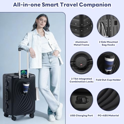 20 Inch Carry On Luggage, Zipperless Luggage with Spinner Wheels, Airline Approved Suitcase with Cup Holder, TSA Lock and USB Charger for Travel, Black - Image 4