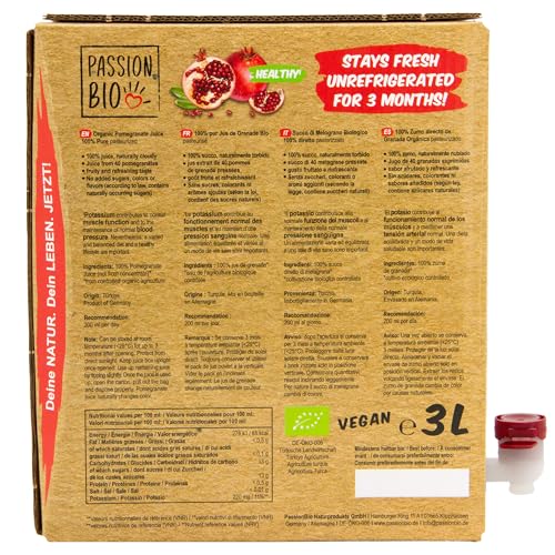 Bio Granatapfelsaft, 3 Liter, naturtrüb – 100% Bio Granatapfel Direktsaft aus 40 Granatäpfeln – fruchtig, erfrischender Geschmack – kein zugesetzter Zucker (lt. Gesetz) enthält von Natur aus Zucker