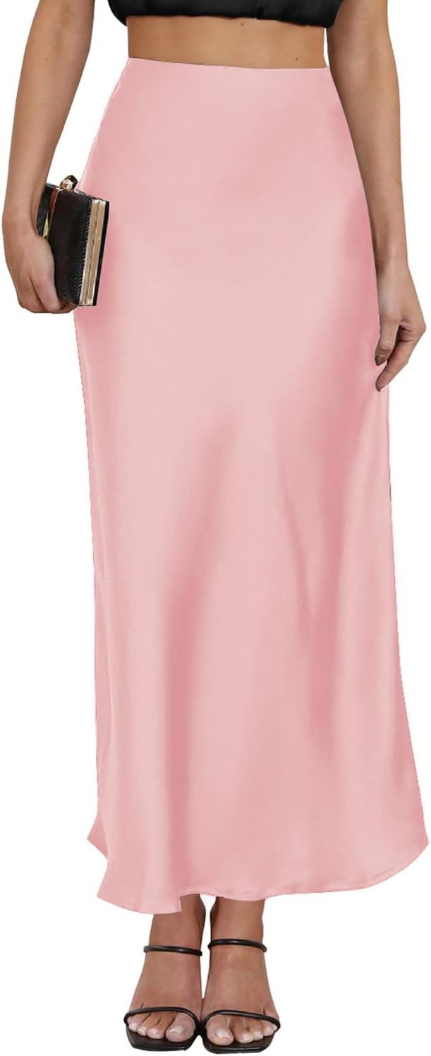 Women's Satin Maxi Skirt High Waisted Elastic Waistband Silk A-Line Casual Party Leopard Print Long Skirts for Women