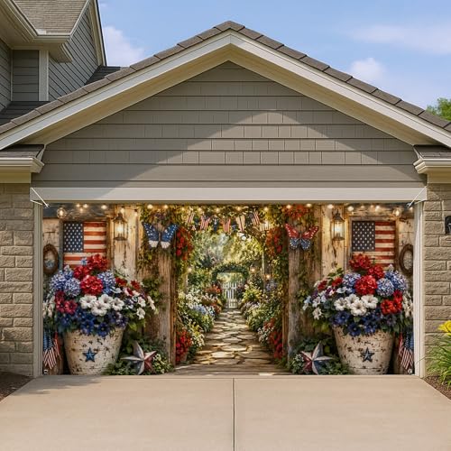 Grande décoration de porte de garage patriotique et florale rustique