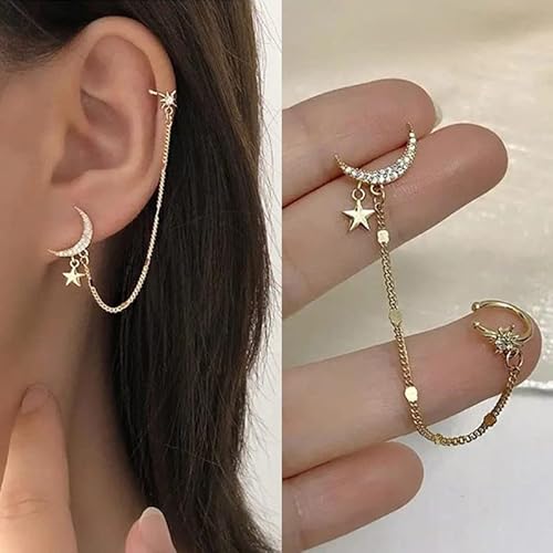 Earrings 1Pc Gold Color Moon Star Clip Earrings For Women Simple Fake Cartilage Long Tassel Ear Cuff Jewelry By Sgdfdju (Metal Color : Light Yellow Gold Color) #TOP1