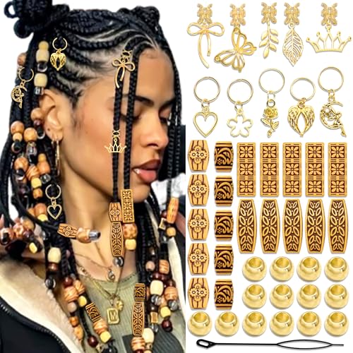 Image of VENOFEN 50PCS Wood Hair Beads Gold Braids Clips Long Tube Beads Loc Dreadlock Jewelry Accessories Metal Round Braid Bead Vintage Decoration for Women