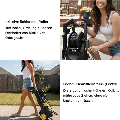 2026 Upgrade Hochdruckreiniger 145 Bar, Fördermenge: 420 l/h, Flächenleistung: 50m²/h, mit Flächenreiniger, Schaumkanone und Schlauchtrommel, Wassersparend Autos und Einfahrten, Gelb
