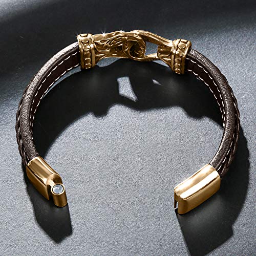 Aizu Viking Bracelet For Men - Brown Genuine Leather And Stainless Steel Bracelets With Gold Magnetic Clasp - Charm Cuff Bangle Wristband For Mens Boys Or Husband 8.3 Inches #TOP6