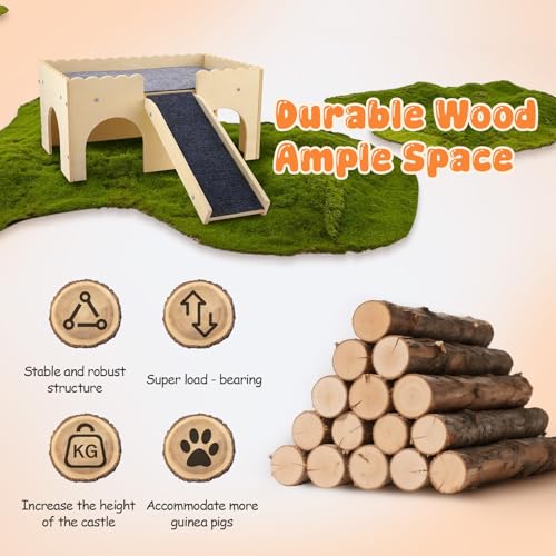 Meerschweinchen Versteck, Extra Groß Meerschweinchen Spielzeug Hölzernes mit Treppe und Matten, 2 Tier Kleintierbett, Verstecken Spielt Schloss für Hamster, Kaninchen & Chinchillas