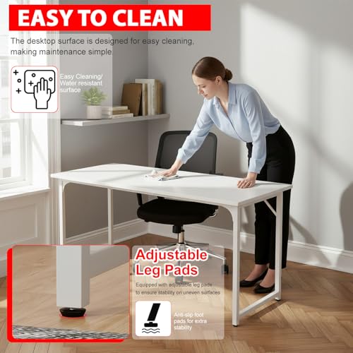 Image of PayLessHere | 55 Inch Computer Desk | White | Office Desk with Metal Frame, Adjustable Feet | Water-Resistant, Scratchproof Surface | Sturdy Writing Table for Home Office or Study | Pack of 1