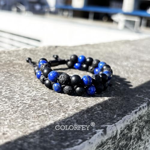 Triple Protection Bracelet for Men Women Mens Blue Beaded Lapis Lazuli Crystal Bracelet Premium Lava Rock Onyx 8mm Stone Bracelets, Healing Energy Bracelets Warm Gift for Him Bring Luck4