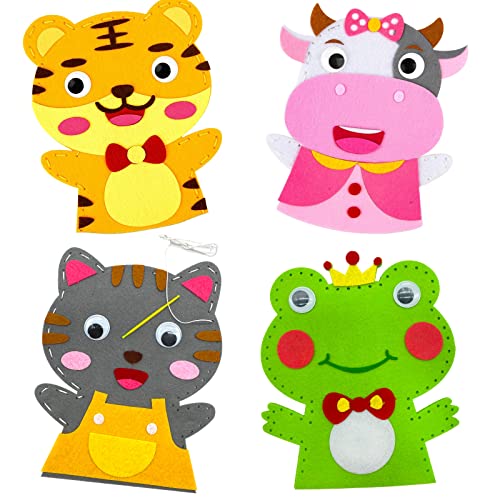 EQLEF Felt Sewing Kits for Children 4PCS Hand Puppet Sewing Kits for Kids Animal Sewing Craft Kids Educational Sewing Craft for Beginner Boys and Girls