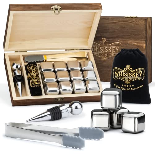 Whisiskey - Whisky Accessoires - 12x Pierre a Whiskey, Bouchon Bouteille & Pince compris - Boite Rangement - Cadeau Homme Cover