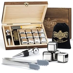 Whisiskey – Whisky Steine Set – 12 Edelstahl Whiskey Steine, Flaschenverschluss & Zange – Geschenke für Männer…