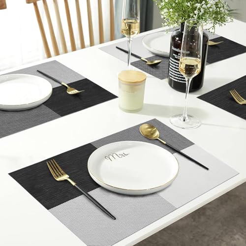 Image of Placemats Set of 6 Dining Table Place Mats | Placemats Table Mat PVC Material | Non-Slip Heat Resistant | Dining Tablemates Washable Anti-Skid | Size 45 x 30cm (Black White Lattice Block)