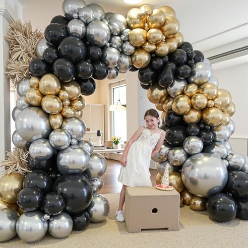Image of 412Pcs Black Gold Silver Balloons Garland Arch Kit,18 12 10 5 Inch Different Size Latex Balloons for Graduation Birthday Wedding Party Decorations