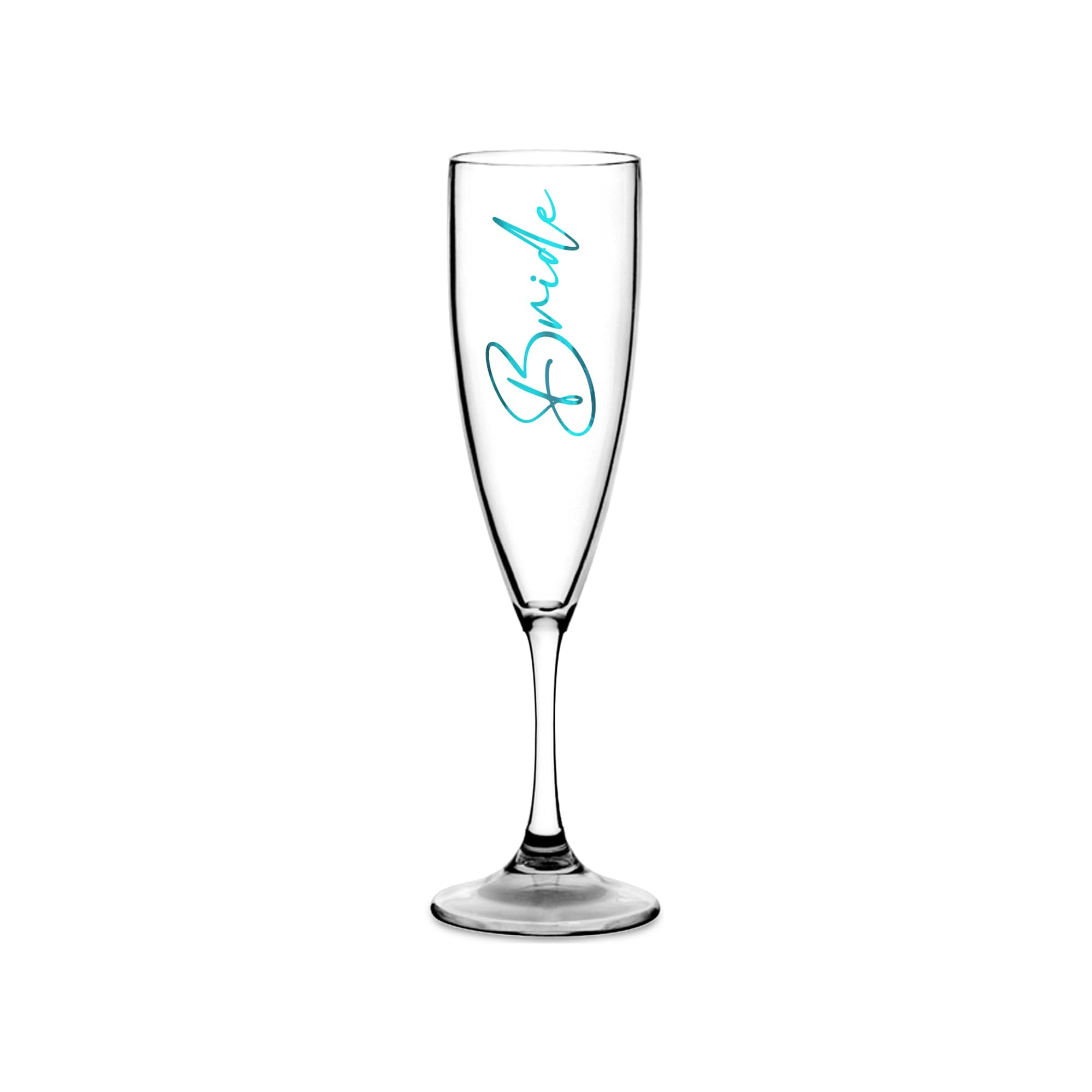 Print Maniacs Champagne Premium Clear Flute Glass Bride Groom Mr Mrs Wedding Maid Honour Wine Cocktail Prosecco Celebrations Gift (Teal, Bride)