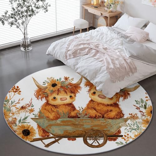 Alfombras Redondas Lavables Bohemio Toro De Las Tierras Altas Girasol con Estampado 90 cm, Alfombra Redonda de Franela para Habitación Infantil Sala de Estar, Alfombra Circular Antideslizante Amarillo