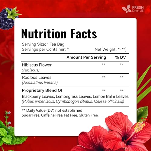 Image of FreshDrinkUS, Hibiscus Bliss Tea | 75 Tea Bags | Herbal Tea Blend with Hibiscus Flower, Rooibos, Blackberry Leaves, Lemongrass & Lemon Balm - Naturally Caffeine-Free, Vibrant & Refreshing Tea. Vegan