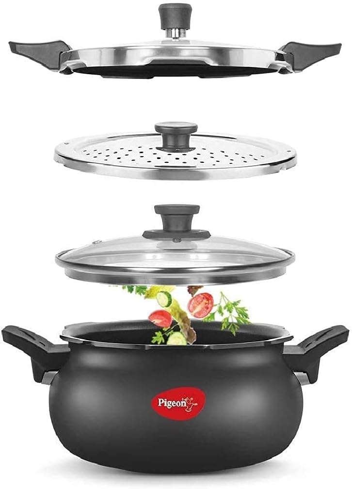 Pigeon 5.3 Quart All-In-One Super Cooker - Steamer, Cooking Pot, Pressure Cooker, Dutch Oven - For All Cooktops - Quick Cooking of Meat, Soup, Rice, Beans, Idli & more, Hard Anodized, (5 Liters)