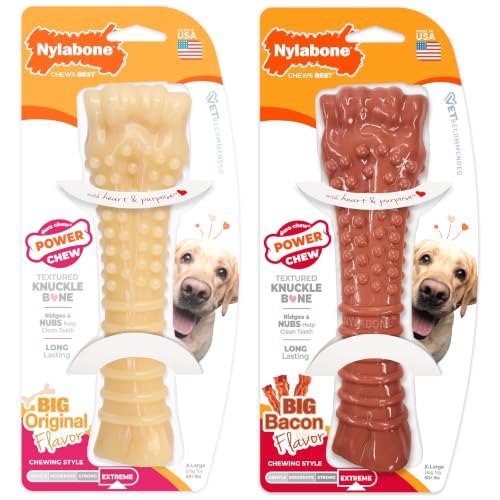 Image of Nylabone Power Chew Textured Knuckle Bone Dog Chew Toys, X-Large, 2 Count | Original & bacon flavor, durable, long lasting, teeth-cleaning textures, discourages destructive chewing, for dogs 50+ lbs