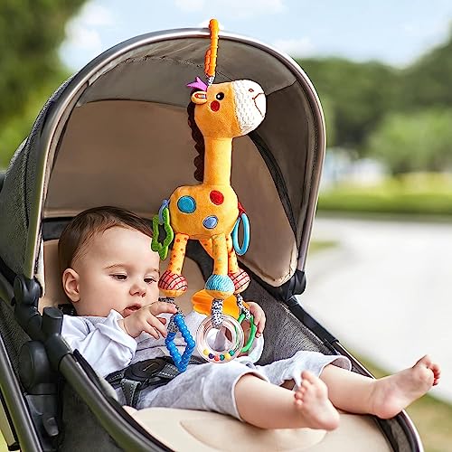 Image of TUMAMA Giraffe Hanging Rattle Toys, Soft Baby Hanging Toys with Wind Chimes, Stroller Car Seat Crib Plush Animal Activity Toy Gift for Newborn Toddlers 0,3,6,9,12,36 Month