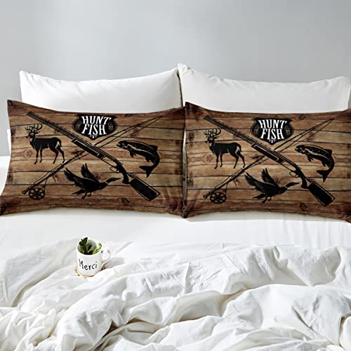 Retro Hunt Fish Full Size Duvet Cover Set,Retro Farm Wooden Board Comforter Cover With 2 Pillowcases,3Pcs,Deer Bird Fish Animal Hunting Polyester Bed Spread For Boys Teens Bedroom Decor #TOP3